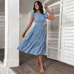 Vasaros retro stiliaus moteri&scaron;ka suknelė be kaklo be rankovių Midi auk&scaron;tu juosmeniu, mėlyna gėlėta, pra&scaron;matni, ilga suknelė