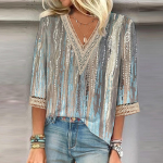 Moteri&scaron;ki mar&scaron;kiniai Palaidinė Kasdieniai laisvi mar&scaron;kiniai su 3/4 rankovėmis nėrinių papuo&scaron;imais spausdinti V kaklo vir&scaron;ūnės spausdintos vir&scaron;ūnės Mar&scaron;kinėliai mar&scaron;kinėliai S mėlyna