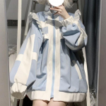 Y2k Vir&scaron;utiniai drabužiai Volanai Kontrastingos spalvos Stilingi paltai Japoni&scaron;ki gatvės stiliaus &scaron;varkai Moteri&scaron;ki Lolita stiliaus Stovintis kaklas Užtrauktukas Per dydžio Vir&scaron;utiniai drabužiai XL &scaron;viesiai mėlyna spalva