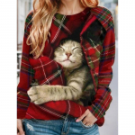 Women's Pullover Christmas Sweatshirt Plaid Cat Casual Sportswear Festival Round Neck Long Sleeve Top Micro-elastic Fall & Winte S