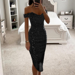 Seksuali asimetri&scaron;ka blizganti blizgučiais sulankstoma ilga suknelė eleganti&scaron;ka vientisa žieminė banketinė suknelė moterims 2024 m. vieno peties &bdquo;Bodycon&ldquo; &scaron;ventinė suknelė S