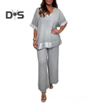 Moteri&scaron;kas kasdienis dviejų dalių kostiumas plius dydžio V formos i&scaron;kirpte trumpomis rankovėmis vir&scaron;us plačių kelnių vasarinis laisvas laisvalaikio komplektas XL