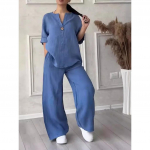 Madingi europieti&scaron;kos ir amerikieti&scaron;kos moteri&scaron;kos, patogios laisvos vir&scaron;utinės kelnės plačiomis kelnėmis, laisvalaikio medvilninis lininis kostiumas plius dydis S mėlyna