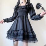 Japoni&scaron;kos lolitos stiliaus moteri&scaron;kos princesės juodos raižytos kaklo auk&scaron;tu juosmeniu gotikinės pūstos rankovės su nėriniais raukiniais vakarėliui skirtos mini suknelės S