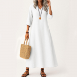 Suknelė moterims ilga boho paplūdimio suknelė eleganti&scaron;ka maxi suknelė V formos i&scaron;kirpte 3/4 rankovių suknelė su ki&scaron;enėmis L smėlis