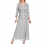 Naujas moteri&scaron;kas nėriniuotas megztinis ir &scaron;ifoninis maxi sijonas Dviejų dalių moteri&scaron;ka madinga ilga &scaron;ifoninė suknelė Jaunikio motinos suknelė su nėriniais ilgomis rankovėmis L sidabras