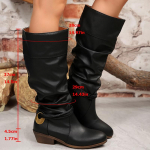 Metalo Dekoro Blokiniu Kulnu Auk&scaron;takulniai Batai Vir&scaron; Kelio Moterims Retro Klostuoti PU Odos Vesternai Moterims Rudens Žiemos Užtrauktuku Platūs Aulai Botas 36