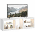 Žemas TV staliukas su RGB LED ap&scaron;vietimu, Moderni TV spintelė su reguliuojamomis stiklinėmis lentynomis, Skirta iki 75 colių televizoriams, Baltas 160 x 35 x 52 cm