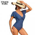 Charmleaks Sexy Deep V kaklo apsaugos kostiumas Vienspalvis vientisas maudymosi kostiumėlis moterims trumpomis rankovėmis Monkini L kūdikio mėlyna spalva