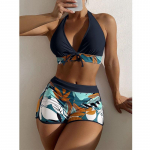 Bikini su auk&scaron;tu juosmeniu Moteri&scaron;ki maudymosi kostiumėliai su rai&scaron;teliais maudymosi kostiumėliai Push Up bikinio rinkinys Paplūdimio apranga Brazilijos maudymosi kostiumėlis plaukimo kostiumai S ežero mėlyna spalva