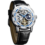 OLEVS Vyri&scaron;kas mechaninis automatinis ir rankinis vyniojamas odinis mados vyri&scaron;kas laikrodis Odinis skeletas Moon Phase Luminous Moon Vandeniui atsparus vyri&scaron;kas laikrodis Mėlynas gray