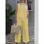 Moteri&scaron;kos vasarinės mados paprastos berankovės palaidinės, laisvos, plačios kelnės, medvilniniai lininiai komplektai, kostiumai ir komplektai moterims XL geltona