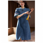 Temperamentinga sagtimi džinsinė suknelė moterims, pavasario naujiena, su trumpomis rankovėmis, naujas kini&scaron;kas didelio dydžio moteri&scaron;kas drabužis M džinsinio mėlyna spalva
