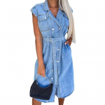 Moteri&scaron;ka džinsinio mar&scaron;kinėlio suknelė be rankovių su atvartu Džinsinė suknelė laisvalaikio vasarai M &scaron;viesiai mėlyna spalva