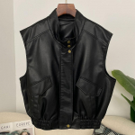 OFTBUY Moteri&scaron;kas Vintažinis Laisvas Liemenė PU Dirbtinės Odos Trumpas &Scaron;varkas su Diržu Motociklininko &Scaron;varkas Moteri&scaron;kas Užtrauktukas Retro Moto Biker Paltai Vir&scaron;utiniai Drabužiai S juoda