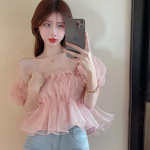 Chic French Puff Sleeve Off-Shoulder Sweetheart Top L rožinė