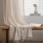 Boho Chic žakardinis poliesterio pusiau permatomas užuolaidų panelis su ki&scaron;ene karnizui miegamajam, bohemi&scaron;ko tu&scaron;čiavidurio nėrimo nėrinių dizainas, belaidis privatumą užtikrinantis langų apdorojimas 150*180CM