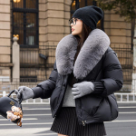 Streetwear Didelio kailio apykaklės Pūkais medvilne pamink&scaron;tinta striukė Moteri&scaron;ka žieminė trumpa parka Pa&scaron;iltinti &scaron;ilti paltai Mados lauko drabužiai L juoda/pilka