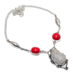 Natural Moonstone Rough, Coral 925 Sterling Silver Jewelry Necklace 18 r1m87