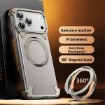 360&deg; pasukamas žiedinis stovas, natūralios odos telefono dėklas iPhone 17 16 15 14 13 Pro Max, Magsafe magnetinis, belaidis įkrovimas, smūgiams atsparus dangtelis For iPhone 16 Pro Max