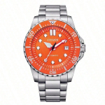 CITIZEN AquaMechanical Mados laikrodis: Mechaninis judėjimas, Nerūdijančio plieno apyrankė, Japonų-Korėjiečių stilius vyrams, Oranžinis ciferblatas, Modelis NJ0128-80X oranžinė