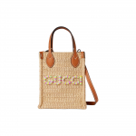 Gucci Logotipo Natūralios Rafijos Mini Rankinė Su Rudos Odos Apdaila Ir Daugiaspalviu Užra&scaron;u Moterims Prabangus Atostogų Kasdienis Naudojimas Gift Set(Basic Set+Box+Shopping Bag)