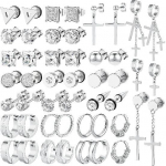 NEWITIN 24 poros nerūdijančio plieno auskarų vyrams, hipoalerginiai, su įdėtais kubiniais cirkoniais, studai, lankeliai, kabantys kryžiukai, unisex, punk stiliaus studai Different Silver white