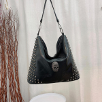 Vintage Rivet Tote Bags Skull Design Bucket Bag Moteri&scaron;ki pečių krep&scaron;iai Mink&scaron;ta PU oda Pirkiniai Didelės talpos Gothic juoda