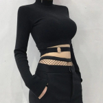 Moteri&scaron;ki ploni trumpi mar&scaron;kinėliai Seksualūs aptempti vėžliai ilgomis rankovėmis Goth Crop Top Solid Black Club Rudens pavasario gatvės apranga Harajuku One Size juoda