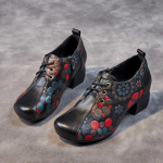 &bdquo;Johnature&ldquo; marginti moteri&scaron;ki batai Natūralios odos retro etninio stiliaus apvalios pir&scaron;tinės storos kulno mink&scaron;tos pado siurbliai 41 juoda