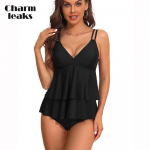 Charmleaks Moterų Tankini Vienspalvių maudymosi kostiumėlių plaukimo rinkiniai pečių dirželiai V kaklo tortas Hemline maudymosi kostiumėlis M juoda
