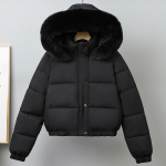 Madingas žieminis paltas moterims, trumpa parka su kapi&scaron;onu, dirbtinio kailio apykakle, laisvas, storas, &scaron;iltas, moteri&scaron;kas &scaron;varkas M juoda