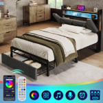 Lit rembourr&eacute; avec USB T&ecirc;te de lit escamotable avec &eacute;clairage LED et tiroirs, lit simple 90 x 200, gris (sans matelas) pilka