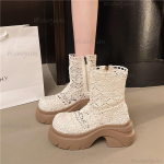 Rudens Platforma Storas Padas Moteri&scaron;ki Ankle Boots Tu&scaron;čiaviduriai Kvėpuojantys Batai Moteri&scaron;ki Eleganti&scaron;ki Nėriniai &Scaron;iuolaikiniai Sandalias Booties 35 abrikosas