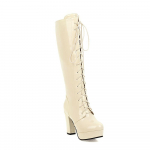 Mada 2025 Lakinė Oda Balti Rai&scaron;teliai Auk&scaron;takulniai Batai Vir&scaron; Kelio Suvarstomi Platforminiai Batai Moterims Auk&scaron;ti Kulnai Mada Naktinio Klubo Vakarėlio Batai Didmeninė Prekyba 4.5 smėlis