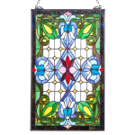 Vitražinis lango skydas, 433 x 731 mm, Tiffany stiliaus kabinamas vir&scaron;durio lango skydas su grandine, Didelis vertikalus stačiakampis vitražas, Vintažinis