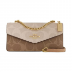 COACH Klare 26 logotipas metalinis logotipas padengtas drobė ir oda vokelio formos rankinė per petį crossbody rankinė vidutinio dydžio moteri&scaron;ka smėlio spalvos auksas