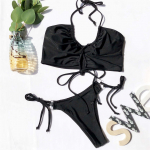 Seksualūs auk&scaron;to kirpimo stringai Leopard bikini Moteri&scaron;ki maudymosi kostiumėliai Moteri&scaron;ki maudymosi kostiumėliai Bikinio komplektas Suvarstomas maudymosi kostiumėlis S juoda
