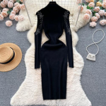 Eleganti&scaron;kas Kalnų kri&scaron;tolas su pečiais ilgomis rankovėmis megztas Bodycon pie&scaron;tukas Suknelė Lieknas Basic Fashion Megztinis Vestido Seksualūs žieminiai drabužiai One Size rožinė raudona spalva