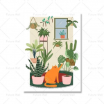 Įdomūs kačių modernūs plakatai ir spaudiniai drobės tapyba Balta kačių ir augalų sienų tapyba 21cm&times;30cm NoFrame