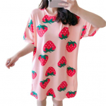 Miego suknelė apvalia i&scaron;kirpte, laisva, maloni odai, mergaiti&scaron;ka, saldi, rožinė, su &scaron;irdelių ra&scaron;tu, vasarinė naktinė suknelė, namų drabužis M rožinė