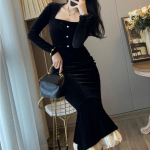 Vintage Bodycon Velvet Mermaid Vakarėlio Suknelės Moteri&scaron;kos Eleganti&scaron;kos Nėriniai Vakariniai Prom Vestidos Moteri&scaron;ki rudens žieminiai drabužiai S juoda