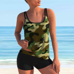 Moteri&scaron;kas maudymosi kostiumėlis su pečių juostele, žalias kamufliažinis maudymosi kostiumėlis su bikini Tankini S žalia
