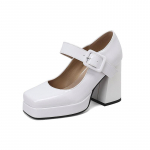 Dydis 33-48 Patentuotas blizgus PU odinis moteri&scaron;kas biuro siurbliai plataus sagties dirželio platforma Mary Jane Batai Spring Fall Block Chunky Heels Biuro vakarėlių siurbliai 34 balta