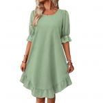 Didelio dydžio moteri&scaron;ka suknelė vidurinėmis rankovėmis, vienspalviai, laisvi A formos, didelės siūbavimo rauk&scaron;lės, rai&scaron;teliai O kaklo megztinis, kelias XXL &scaron;viesiai žalios spalvos