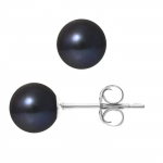 PERLINEA - Clous d'Oreilles - V&eacute;ritables Perles de Culture d'Eau Douce Noires Rondes 7-8 mm - Bijoux Femme
