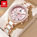 Moteriskas trijų rodyklių chronografas su kvarciniu mechanizmu, deimantais puo&scaron;tas rėmelis, keraminis dirželis, atsparus vandeniui, &scaron;viečiantis, lengvo prabangos moteri&scaron;kas laikrodis rožinės rožinės spalvos