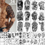Yazhiji 36 lapai Laikinos tatuiruotės lipdukai 12 netikrų kūno, rankų, krūtinės, pečių vyrams ar moterims 24 maži juodi black