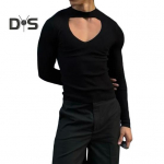 Vyri&scaron;ki vir&scaron;utiniai tu&scaron;čiaviduriai elastiniai ilgomis rankovėmis Slim Fit vienspalviai mar&scaron;kinėliai su kaklu, skirti klubiniams vakarėliams Gėjų vyri&scaron;ki Cosplay drabužiai S juoda