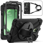 Rotuojantis rankenos silikoninis hibridinis PC plan&scaron;etės dėklas su peties dirželiu For Samsung Galaxy Tab Active5 X300 juoda